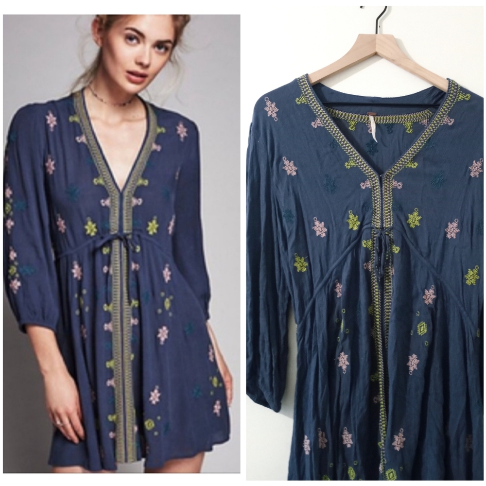 free people • boho gypsy blue star gazer embroidered tunic peasant mini dress